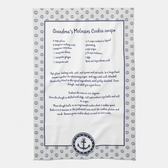 Personalised Nautical Black Anchor Recipe keepsake Tea Towel (Vertical)