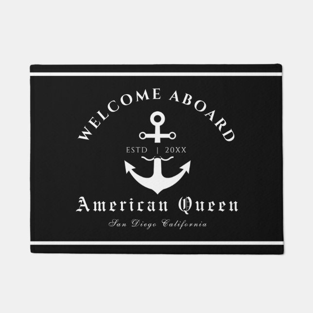 Personalised Nautical Black Welcome Aboard  Doormat (Front)