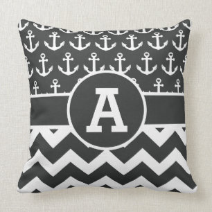Personalised Nautical Black White Chevron Anchors Cushion