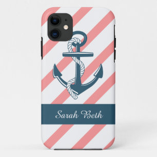Personalised Nautical, Blue Anchor & Rose Stripes Case-Mate iPhone Case