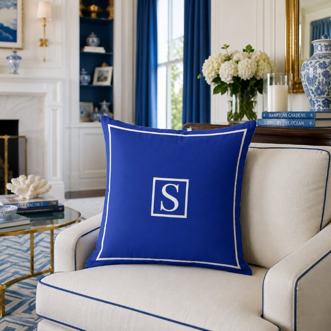 Personalised Nautical Blue Monogram Decorative Cushion (Modern Blue and White Monogrammed Throw Pillow)