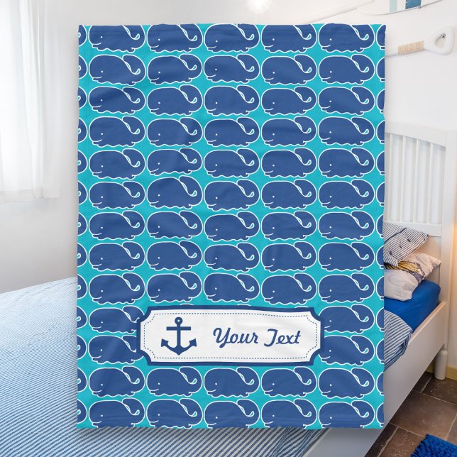 Personalised Nautical Blue Whale preppy pattern Fleece Blanket (Creator Uploaded)