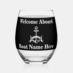 Personalised Nautical Boat Name Anchor Black White Stemless Wine Glass