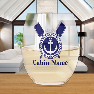 Personalised Nautical Boat Name Anchor Navy Blue Stemless Wine Glass