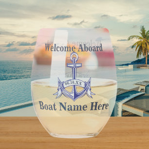 Personalised Nautical Boat Name Anchor  Navy Blue  Stemless Wine Glass