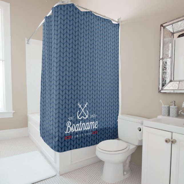 Personalised Nautical Boat Name Knitted pattern Shower Curtain (In Situ)