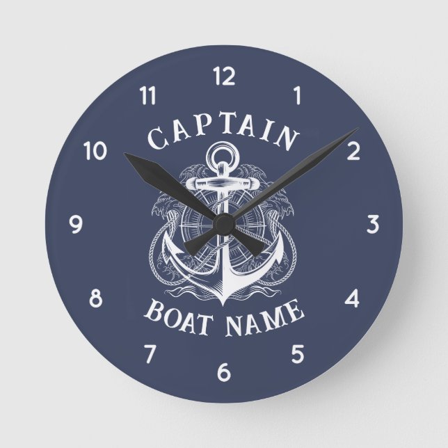 Personalised Nautical Captain Boat Name Anchor Round Clock (Front)