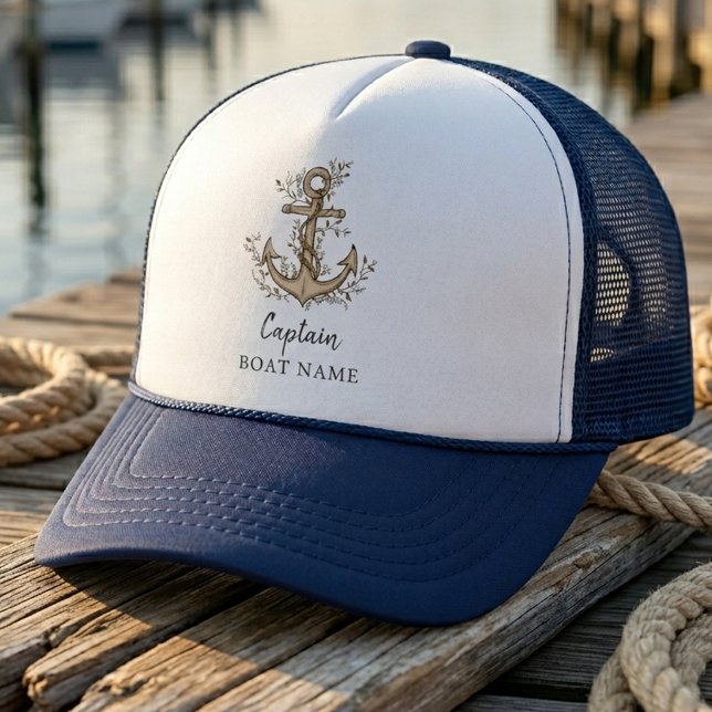 Personalised Nautical Captain Boat Name Anchor     Trucker Hat (Creator Uploaded)