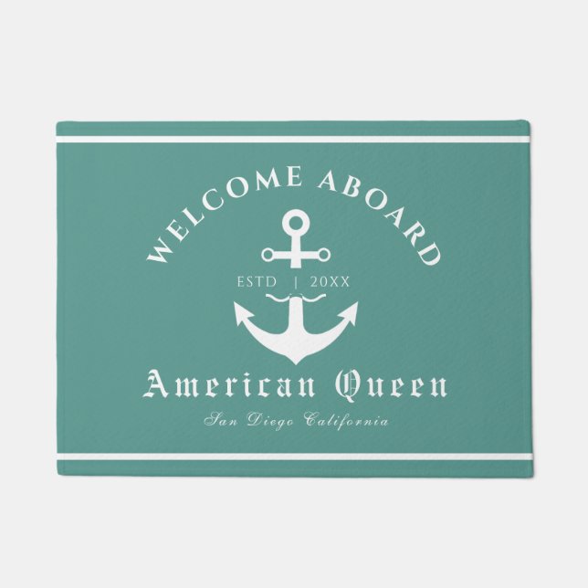 Personalised Nautical Green Welcome Aboard  Doormat (Front)