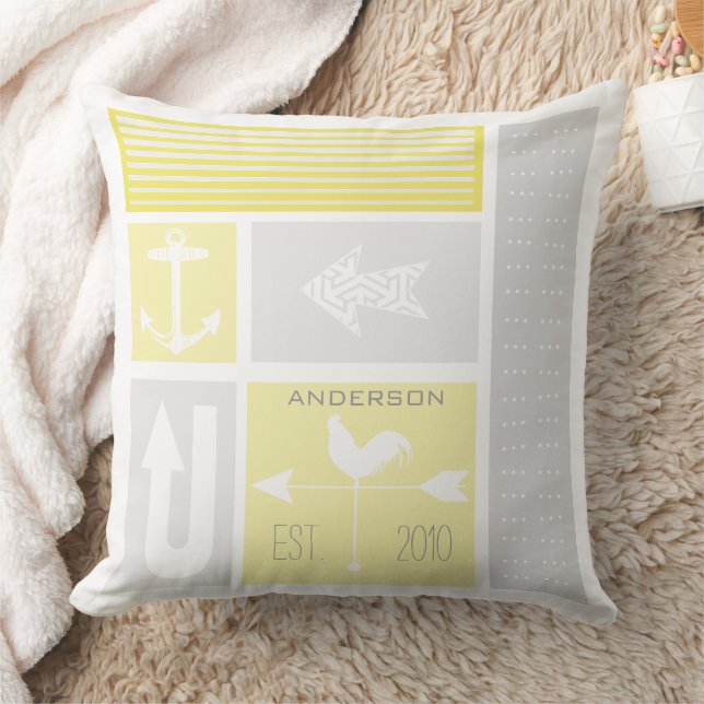 Personalised Nautical Grey Yellow Colour Block Cushion (Blanket)