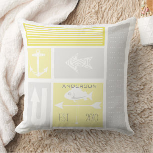 Personalised Nautical Grey Yellow Colour Block Cushion
