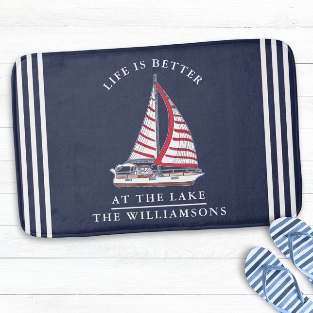 Personalised Nautical Lake House Navy Blue White Bath Mat (Creator Uploaded)