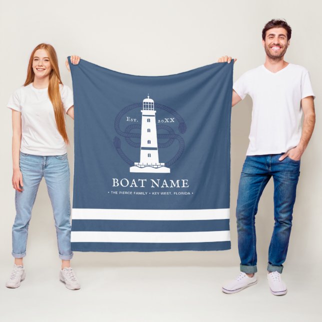 Personalised Nautical lighthouse Boat Name Modern Fleece Blanket (In Situ)