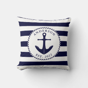 Personalised Nautical Navy Blue Anchor and Rope Cushion