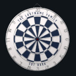 Personalised Nautical Navy Blue and White Dartboard<br><div class="desc">Nautical navy blue and white dartboard with your own custom text on the top and bottom. With a twist on the classic style dartboard,  this fun game board features an off-white and navy blue colour scheme to work well with many home decor styles for a modern twist.</div>