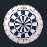 Personalised Nautical Navy Blue and White Dartboard<br><div class="desc">Nautical navy blue and white dartboard with your own custom text on the top and bottom. With a twist on the classic style dartboard,  this fun game board features an off-white and navy blue colour scheme to work well with many home decor styles for a modern twist.</div>
