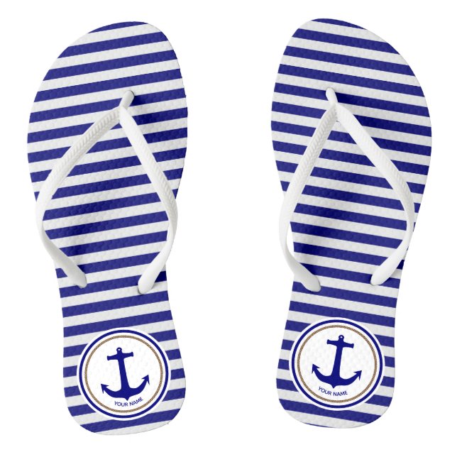 Personalised Nautical Navy Blue Stripes and Anchor Jandals (Footbed)
