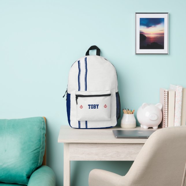 Personalised Nautical Navy Blue Stripes Printed Backpack (Insitu)