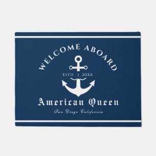 Personalised Nautical Navy Blue Welcome Aboard  Doormat