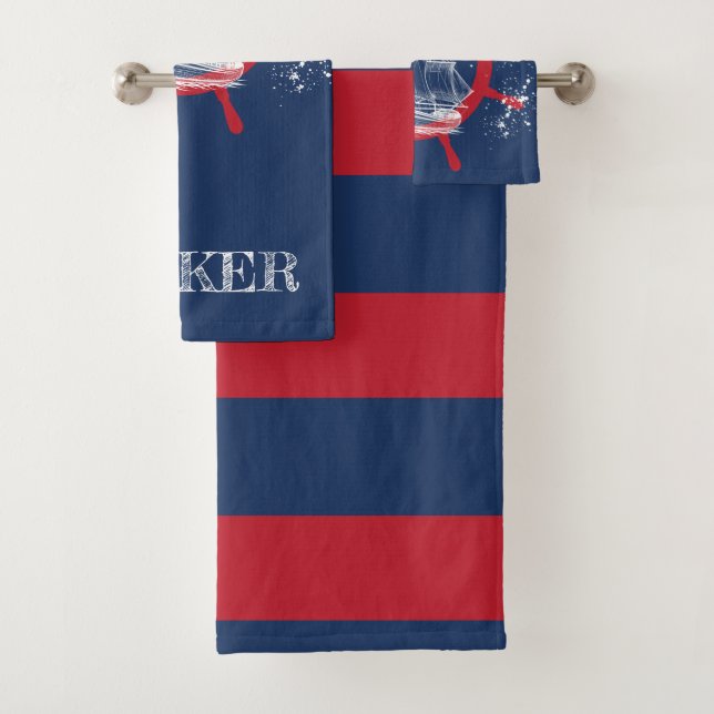 Personalised Nautical Sailboat Blue Bath Towel Set (Insitu)
