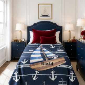 Personalised Nautical Sailboat Navy Blue Fleece Blanket