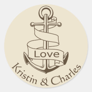Personalised Nautical Ship Anchor Tan Wedding Love Classic Round Sticker