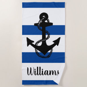 Personalised nautical w/stripes & ANCHOR Beach Towel