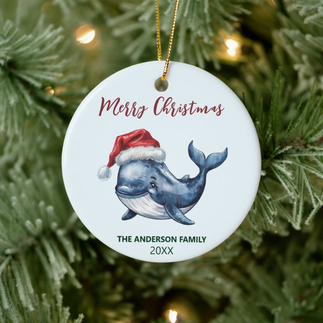 Personalised Nautical Whale in Santa Hat Christmas Ceramic Tree Decoration (Tree)