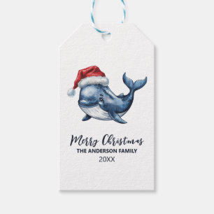 Personalised Nautical Whale in Santa Hat Christmas Gift Tags