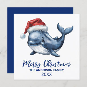 Personalised Nautical Whale in Santa Hat Christmas Holiday Card