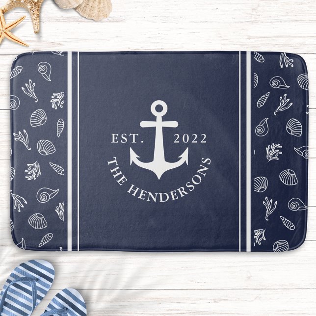 Personalised Nautical White Navy Blue Anchor Bath Mat (Personalized Nautical Navy Blue Bath Mat with a White Anchor )