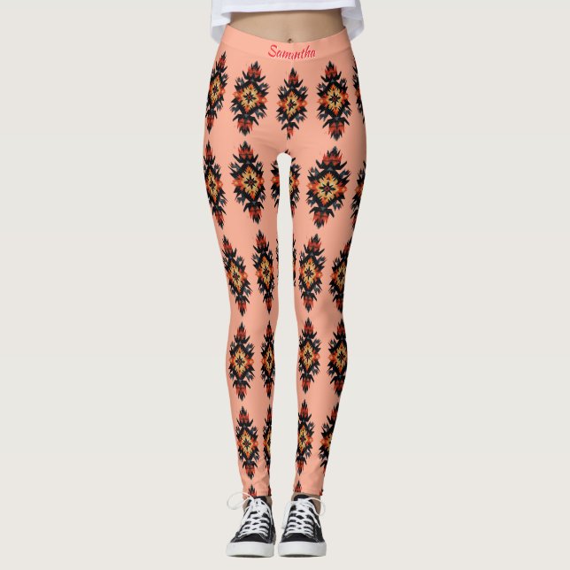 Personalised Navajo Pattern on Coral Pink Leggings (Front)