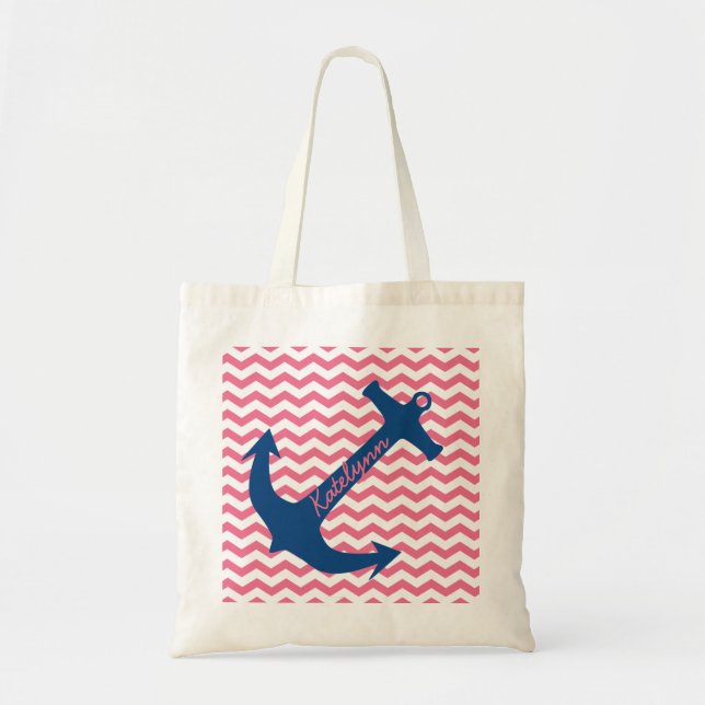 Personalised Navy Anchor & Pink Zigzag Tote Bag (Front)