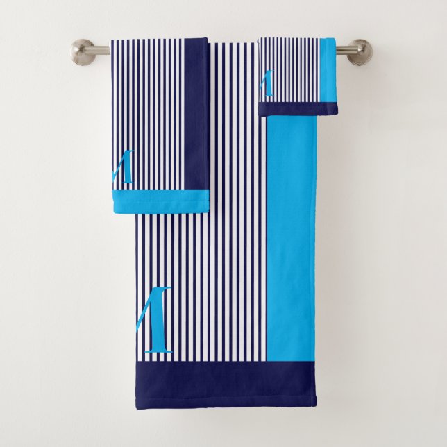 Personalised Navy And Azure Nautical  Aesthetic  Bath Towel Set (Insitu)
