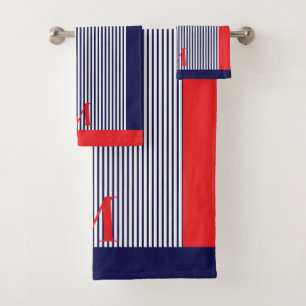 Personalised Navy And Bright Red Nautical Aesthet Bath Towel Set