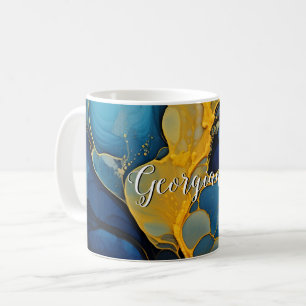 Personalised Navy and Gold Alcohol Ink Fluid Art Coffee Mug