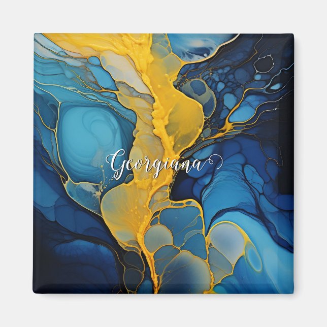 Personalised Navy and Gold Alcohol Ink Fluid Art Magnet (Front)