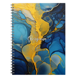 Personalised Navy and Gold Alcohol Ink Fluid Art Notebook