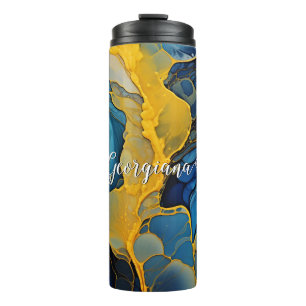 Personalised Navy and Gold Alcohol Ink Fluid Art Thermal Tumbler
