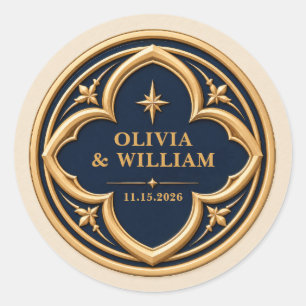 Personalised Navy and Gold Wedding Classic Round Sticker