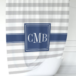 Personalised Navy and Grey Striped Shower Curtain