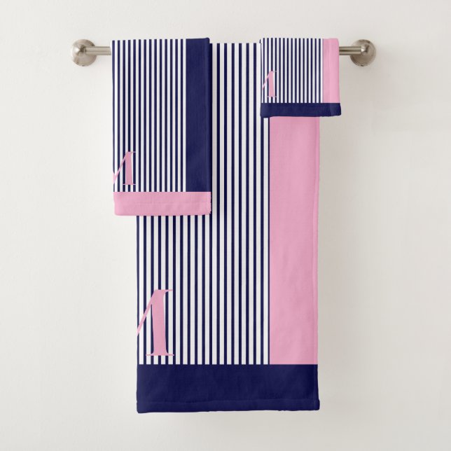 Personalised Navy And Light Pink Nautical Aesthet Bath Towel Set (Insitu)