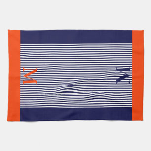 Personalised Navy And Orange Nautical  Aesthetic  Tea Towel