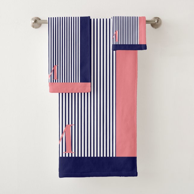 Personalised Navy And Pink Nautical  Aesthetic  Bath Towel Set (Insitu)