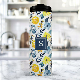 Personalised Navy And Yellow Floral  Thermal Tumbler