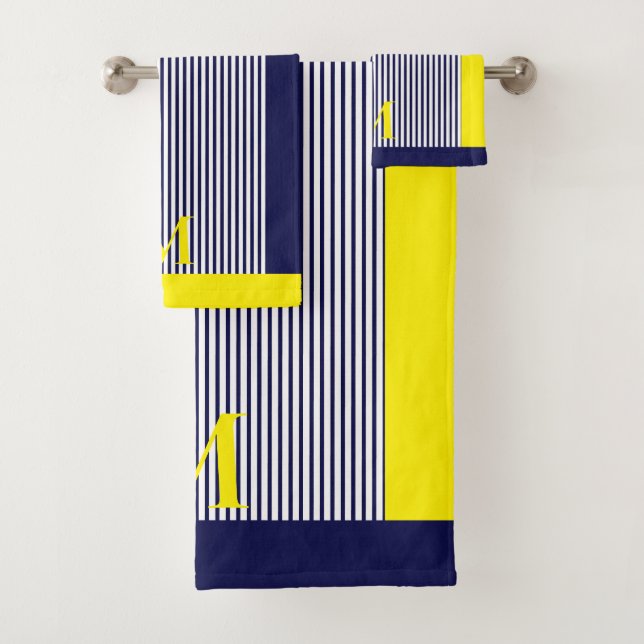 Personalised Navy And Yellow Nautical  Aesthetic  Bath Towel Set (Insitu)