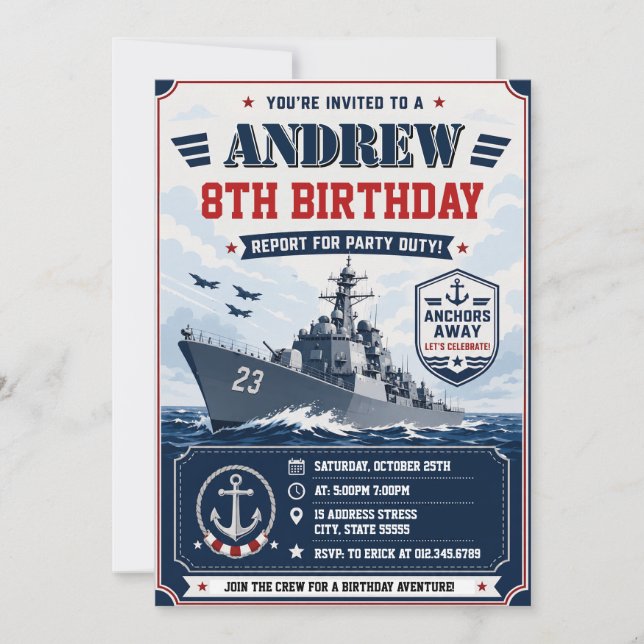 Personalised Navy Army Ship Birthday  Invitation (Front)