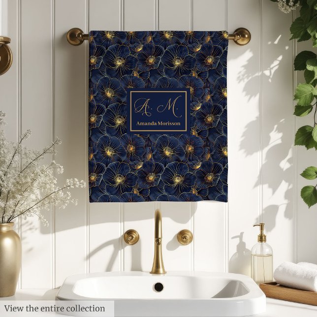 Personalised Navy Bath Towels Gold Floral Accent (Personalized Navy Bath Towels Gold Floral Accent)