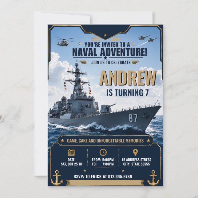 Personalised Navy Battleship Birthday Invitation (Front)