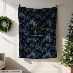 Personalised Navy Blanket Chic Gold Flowers Gift
